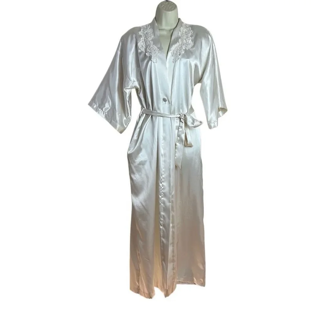 Vintage 90s California Dynasty Bridal Peignoir Robe S Ivory Cream Satin